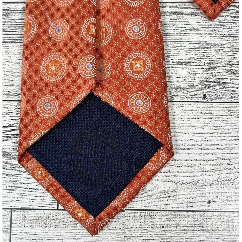 Broletto Mens 100% Silk Necktie Orange/White/Blue Geometric Circle Formal EUC